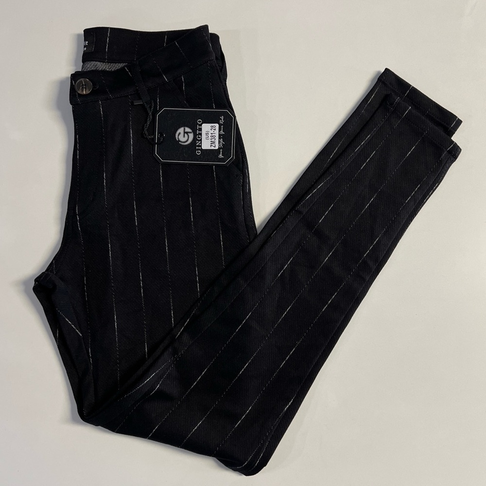 *Gingtto Mens Skinny Cninos Stretch Suit Pants Black White Size 28